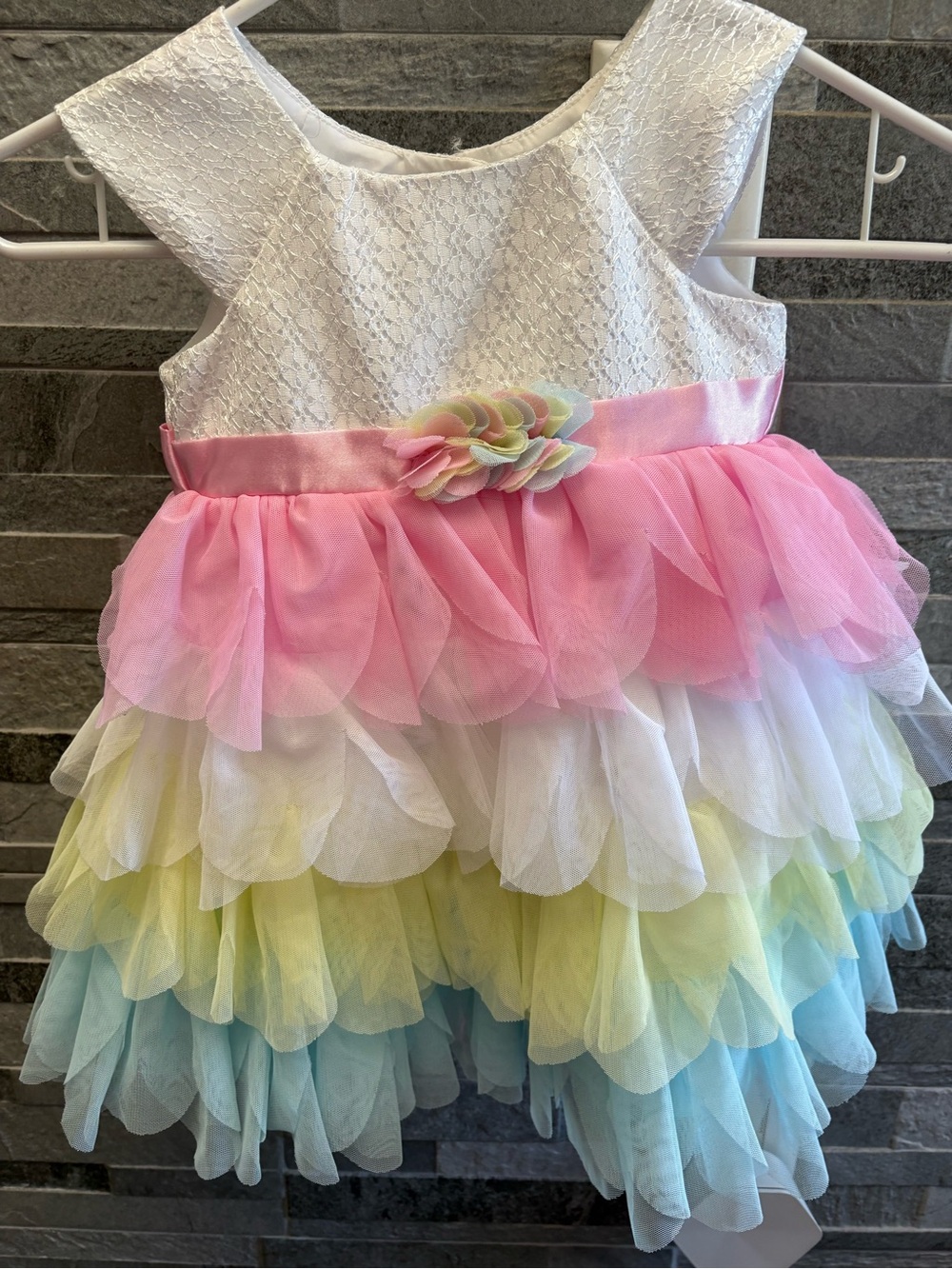 Jona Michelle White Lace Dress with Pink, Yellow & Blue Tulle Tiers